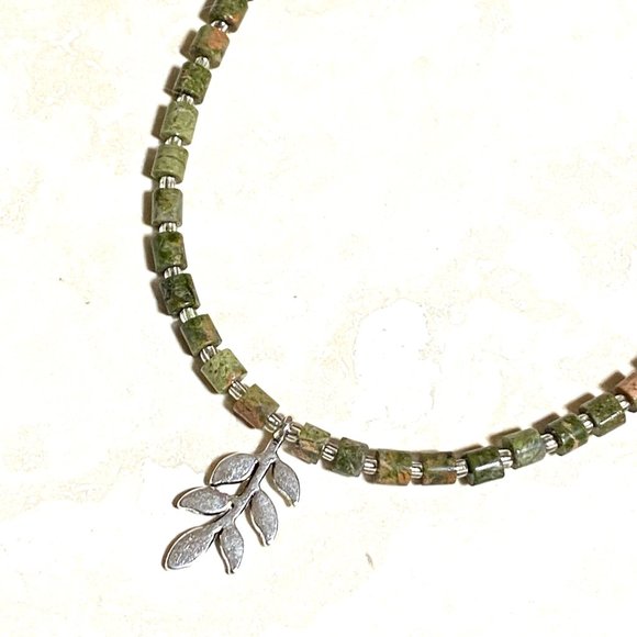 Cute Unakite Stone Silver Leaf Branch Necklace, Genuine Gemstone Beaded Necklace - Picture 7 of 9